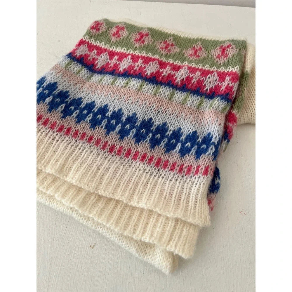 Boden Scarf Cream Fair Isle Mohair Wool Blend Knit Long Winter Scarf